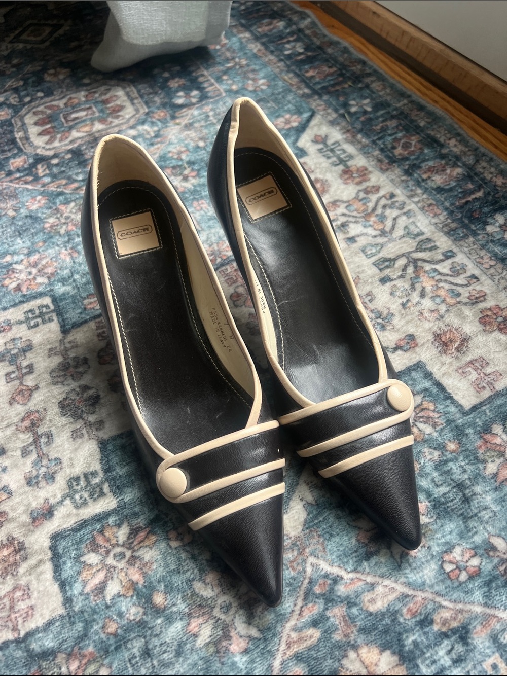 Coach Brown and Cream Kennedi 7 Pointed Toe Heels with Button Detail